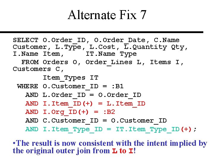 Alternate Fix 7 SELECT O. Order_ID, O. Order_Date, C. Name Customer, L. Type, L.