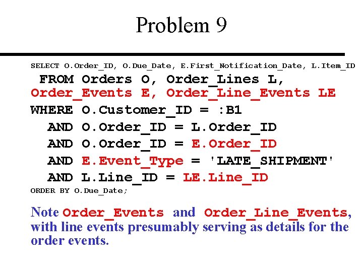 Problem 9 SELECT O. Order_ID, O. Due_Date, E. First_Notification_Date, L. Item_ID FROM Orders O,