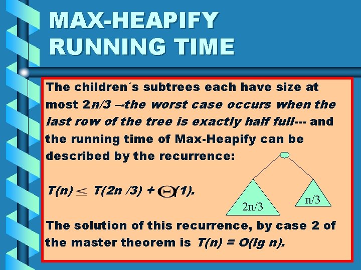 MAX-HEAPIFY RUNNING TIME The children´s subtrees each have size at most 2 n/3 –-the