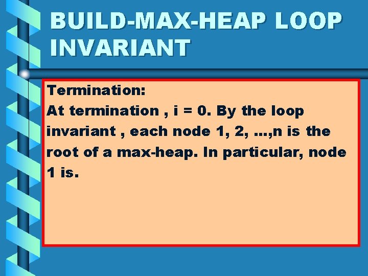 BUILD-MAX-HEAP LOOP INVARIANT Termination: At termination , i = 0. By the loop invariant