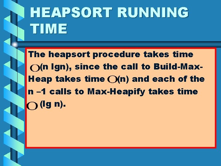 HEAPSORT RUNNING TIME The heapsort procedure takes time (n lgn), since the call to