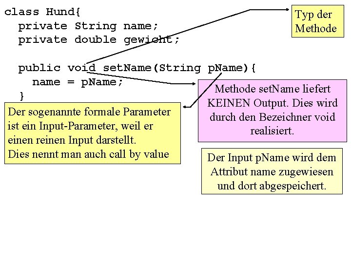 class Hund{ private String name; private double gewicht; public void set. Name(String name =