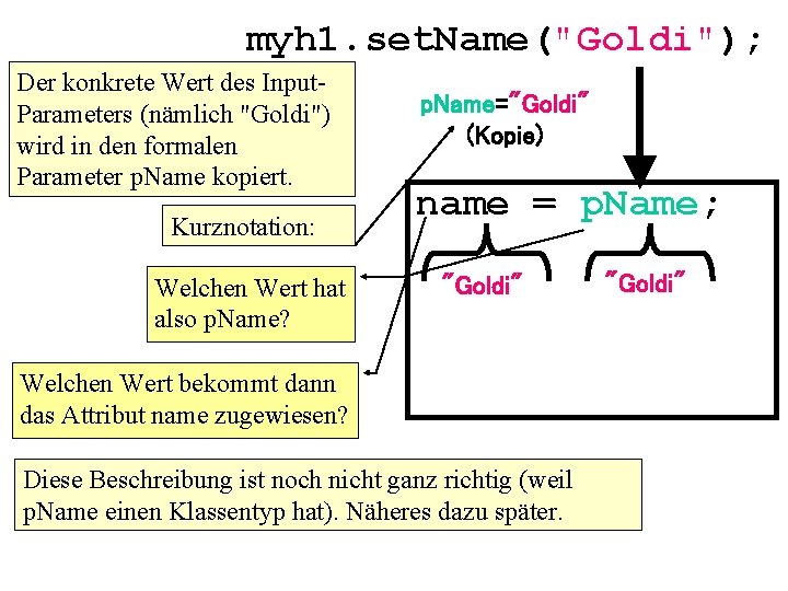 myh 1. set. Name("Goldi"); Der konkrete Wert des Input. Parameters (nämlich "Goldi") wird in