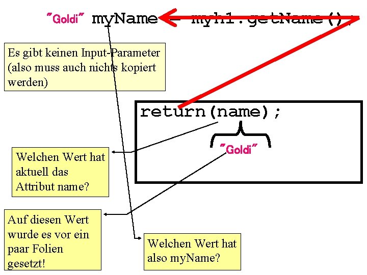 "Goldi" my. Name = myh 1. get. Name(); Es gibt keinen Input-Parameter (also muss