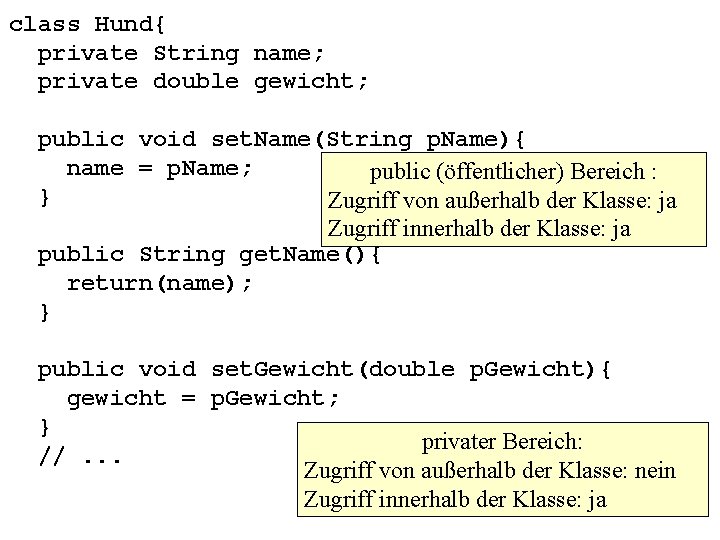class Hund{ private String name; private double gewicht; public void set. Name(String p. Name){