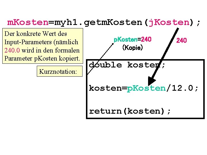 m. Kosten=myh 1. getm. Kosten(j. Kosten); Der konkrete Wert des Input-Parameters (nämlich 240. 0