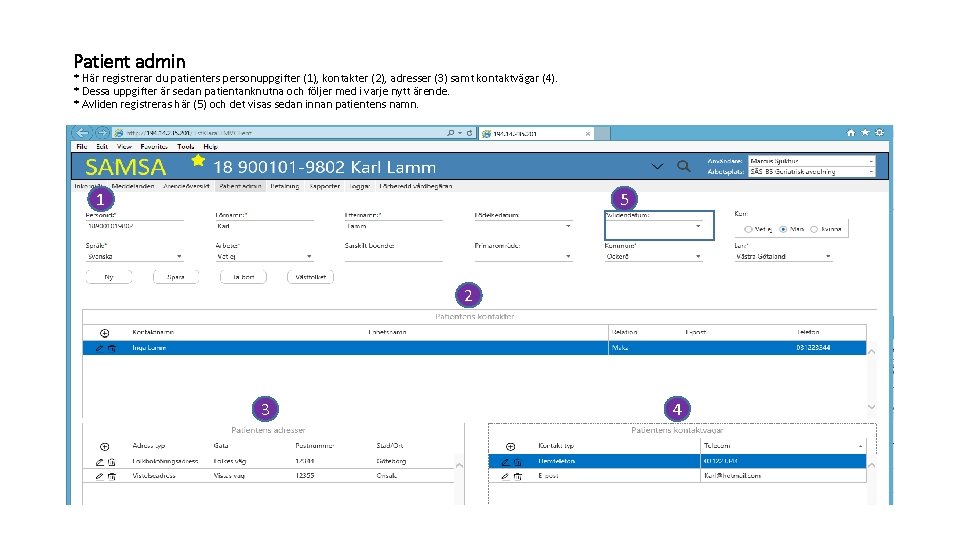 Patient admin * Här registrerar du patienters personuppgifter (1), kontakter (2), adresser (3) samt