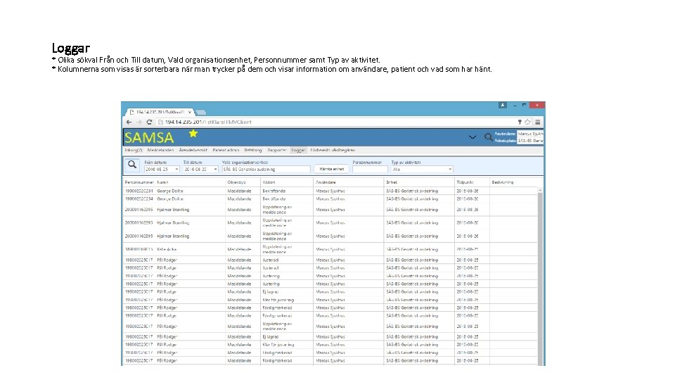 Loggar * Olika sökval Från och Till datum, Vald organisationsenhet, Personnummer samt Typ av