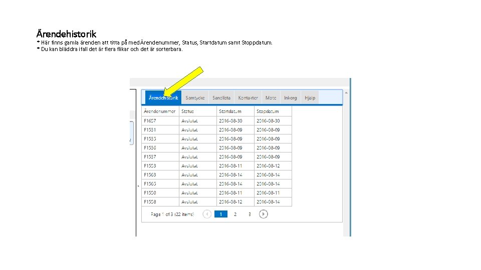 Ärendehistorik * Här finns gamla ärenden att titta på med Ärendenummer, Status, Startdatum samt