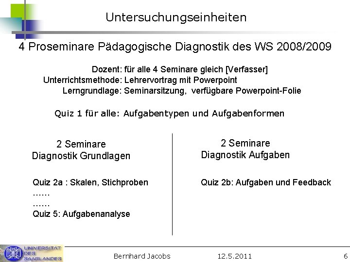 Untersuchungseinheiten 4 Proseminare Pädagogische Diagnostik des WS 2008/2009 Dozent: für alle 4 Seminare gleich