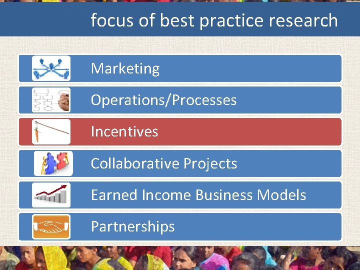 focus of best practice research Marketing Operations/Processes Incentives Collaborative Projects Earned Income Business Models