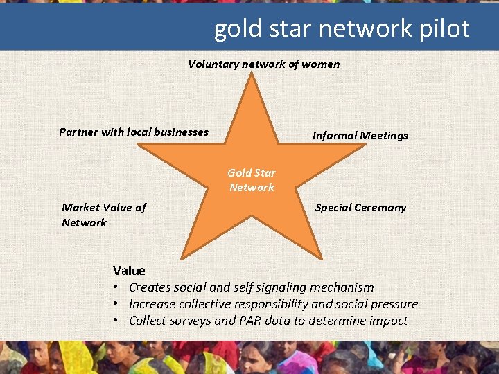 gold star network pilot Voluntary network of women Partner with local businesses Informal Meetings
