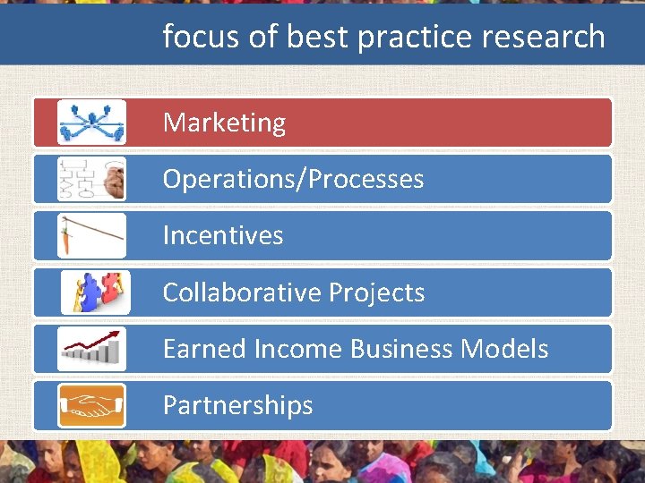 focus of best practice research Marketing Operations/Processes Incentives Collaborative Projects Earned Income Business Models