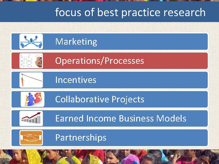 focus of best practice research Marketing Operations/Processes Incentives Collaborative Projects Earned Income Business Models