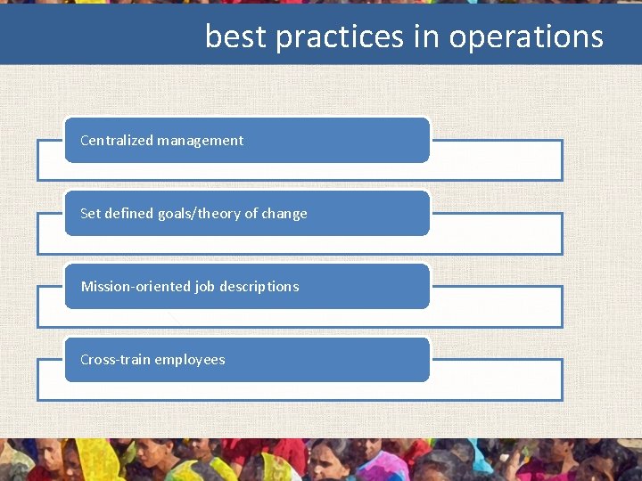 best practices in operations Centralized management Set defined goals/theory of change Mission-oriented job descriptions