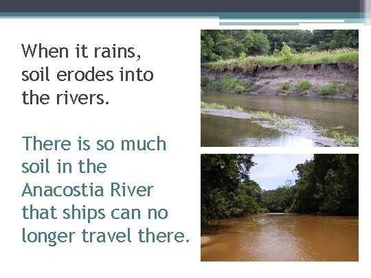 When it rains, soil erodes into the rivers. There is so much soil in
