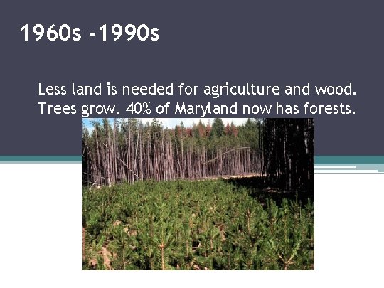 1960 s -1990 s Less land is needed for agriculture and wood. Trees grow.