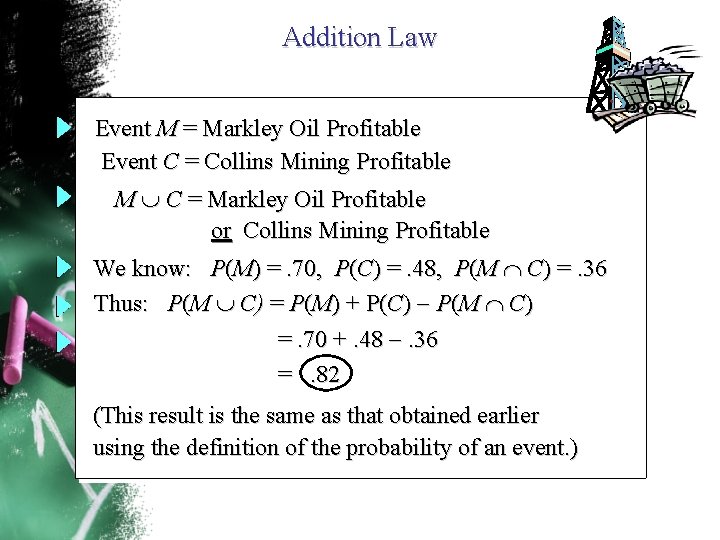 Addition Law Event M = Markley Oil Profitable Event C = Collins Mining Profitable