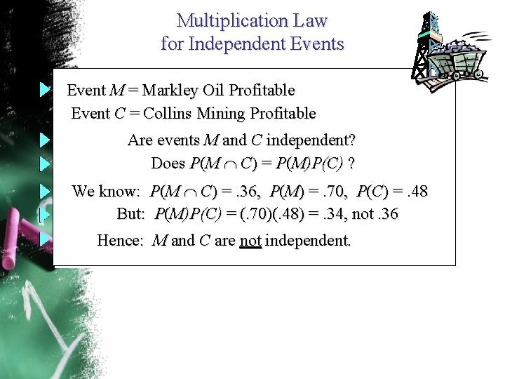 Multiplication Law for Independent Events Event M = Markley Oil Profitable Event C =