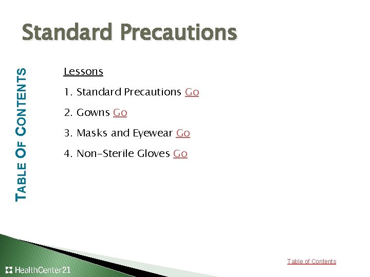 TABLE OF CONTENTS Standard Precautions Lessons 1. Standard Precautions Go 2. Gowns Go 3.