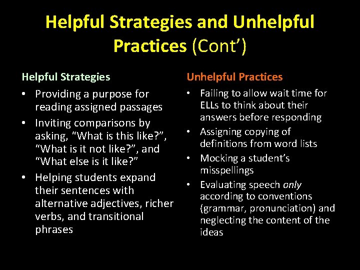 Helpful Strategies and Unhelpful Practices (Cont’) Helpful Strategies • Providing a purpose for reading