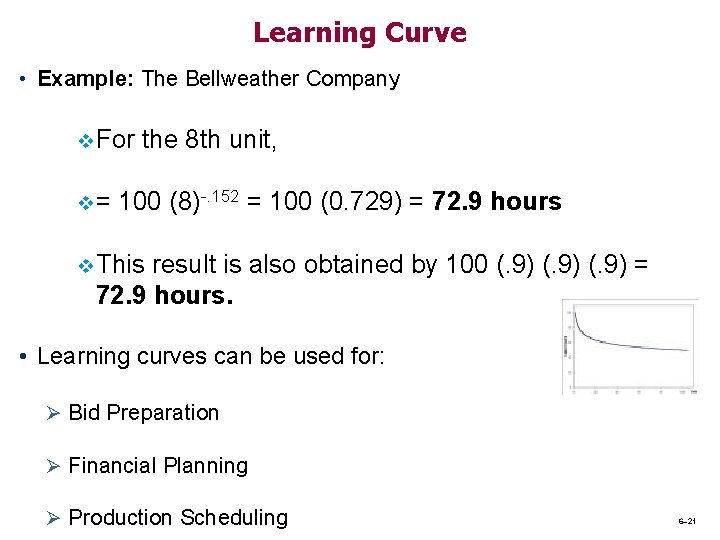 Learning Curve • Example: The Bellweather Company v For v= the 8 th unit,