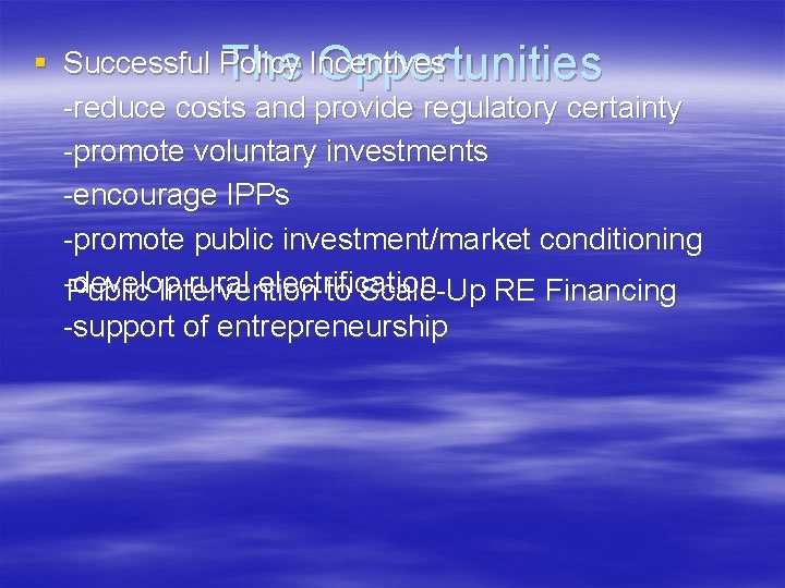 § Successful Policy The Incentives Opportunities -reduce costs and provide regulatory certainty -promote voluntary