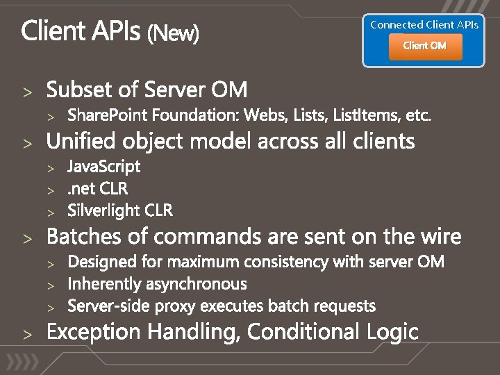 Connected Client APIs Client OM > > > 