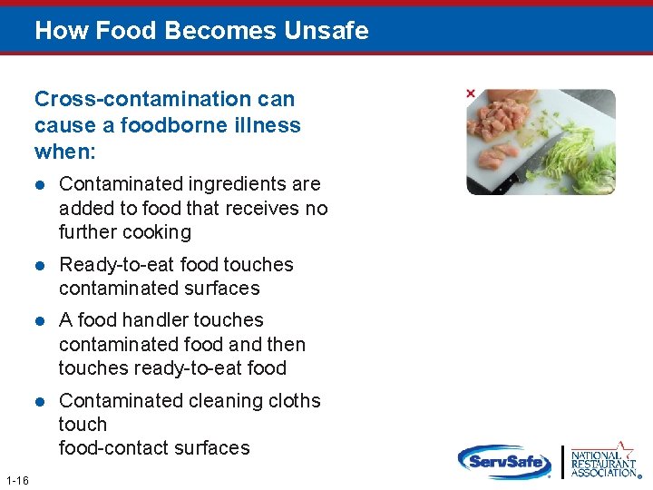 How Food Becomes Unsafe Cross-contamination cause a foodborne illness when: l 1 -16 Contaminated