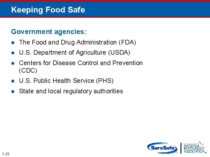 Keeping Food Safe Government agencies: 1 -25 l The Food and Drug Administration (FDA)