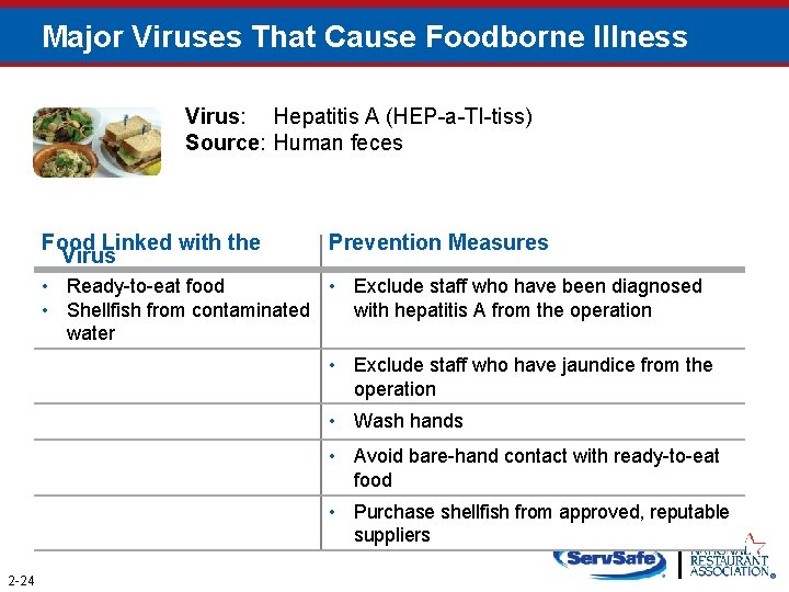 Major Viruses That Cause Foodborne Illness Virus: Hepatitis A (HEP-a-TI-tiss) Source: Human feces Food
