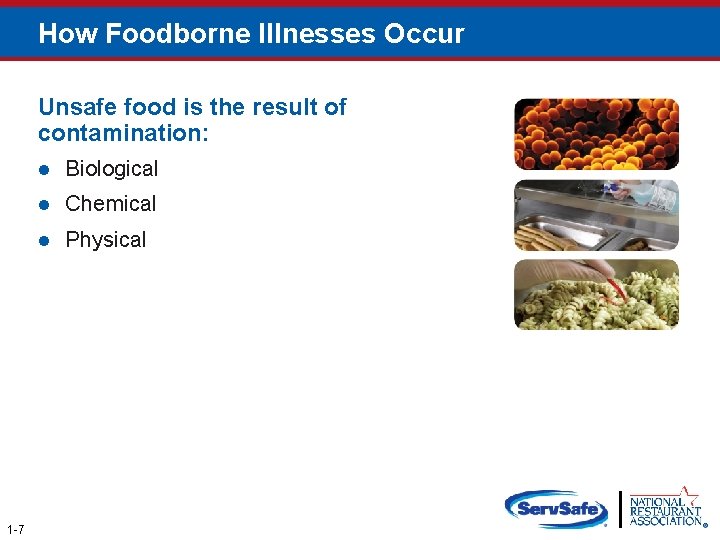 How Foodborne Illnesses Occur Unsafe food is the result of contamination: 1 -7 l