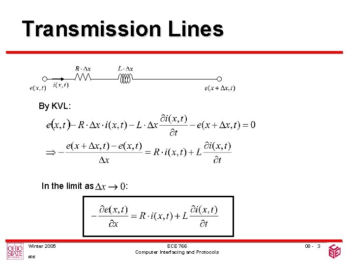 Transmission Lines By KVL: In the limit as Winter 2005 ECE : ECE 766