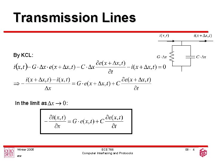 Transmission Lines By KCL: In the limit as Winter 2005 ECE : ECE 766