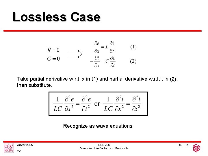 Lossless Case Take partial derivative w. r. t. x in (1) and partial derivative