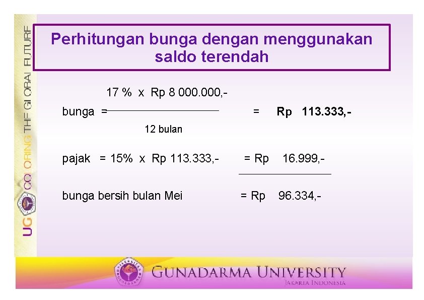 Perhitungan bunga dengan menggunakan saldo terendah 17 % x Rp 8 000, bunga =