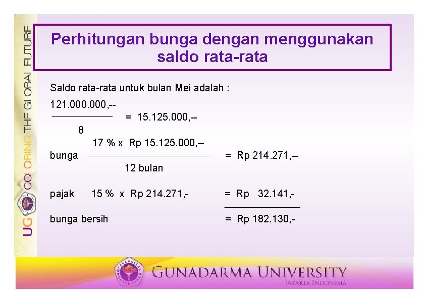 Perhitungan bunga dengan menggunakan saldo rata-rata Saldo rata untuk bulan Mei adalah : 121.