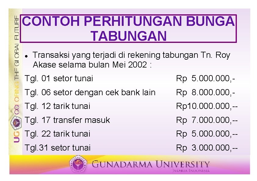 CONTOH PERHITUNGAN BUNGA TABUNGAN Transaksi yang terjadi di rekening tabungan Tn. Roy Akase selama