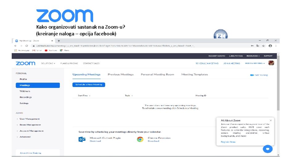 Kako organizovati sastanak na Zoom-u? (kreiranje naloga – opcija facebook) Ukoliko se odabere neki