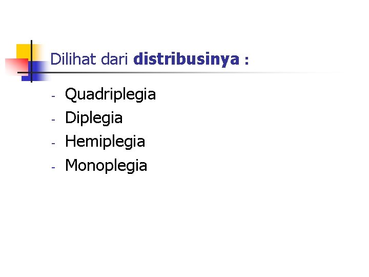 Dilihat dari distribusinya : - Quadriplegia Diplegia Hemiplegia Monoplegia 