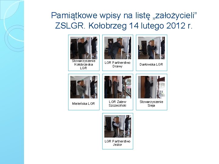 Pamiątkowe wpisy na listę „założycieli” ZSLGR. Kołobrzeg 14 lutego 2012 r. Stowarzyszenie Kołobrzeska LGR