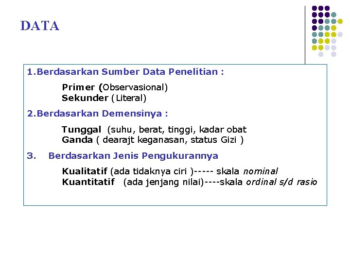DATA 1. Berdasarkan Sumber Data Penelitian : Primer (Observasional) Sekunder (Literal) 2. Berdasarkan Demensinya