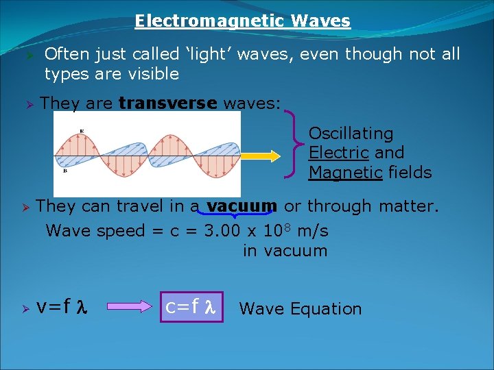 Electromagnetic Waves Ø Ø Often just called ‘light’ waves, even though not all types