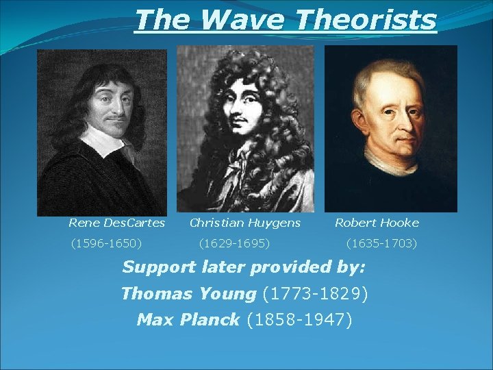 The Wave Theorists Rene Des. Cartes (1596 -1650) Christian Huygens (1629 -1695) Robert Hooke