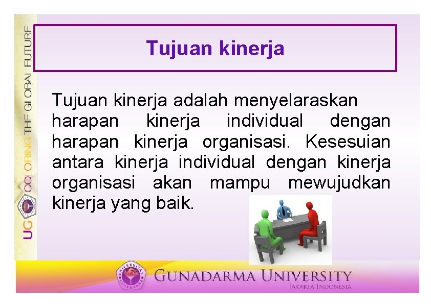 Tujuan kinerja adalah menyelaraskan harapan kinerja individual dengan harapan kinerja organisasi. Kesesuian antara kinerja