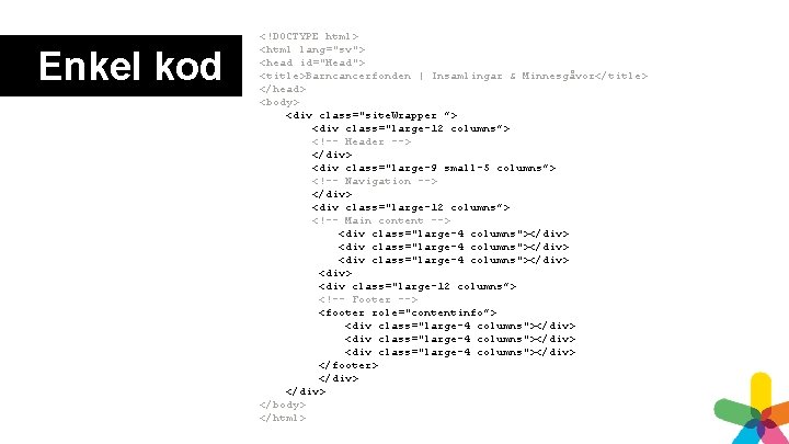 Enkel kod <!DOCTYPE html> <html lang="sv"> <head id="Head"> <title>Barncancerfonden | Insamlingar & Minnesgåvor</title> </head>