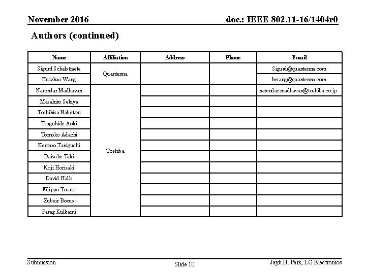 November 2016 doc. : IEEE 802. 11 -16/1404 r 0 Authors (continued) Name Sigurd