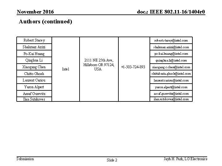 November 2016 doc. : IEEE 802. 11 -16/1404 r 0 Authors (continued) Robert Stacey