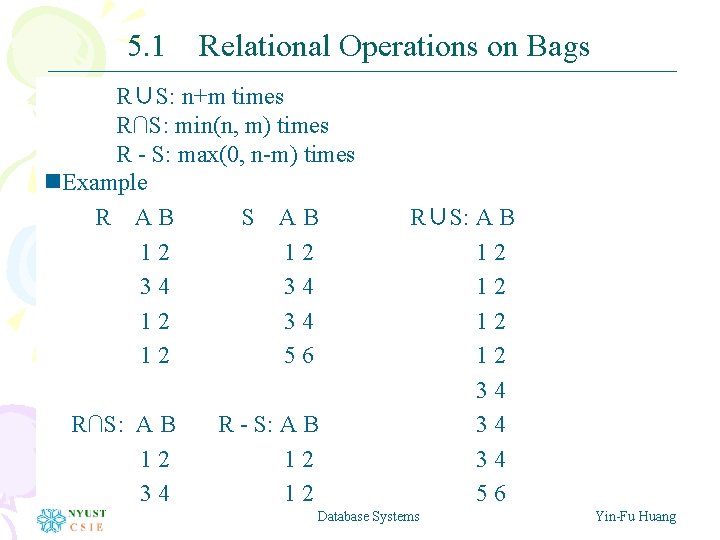 5. 1 Relational Operations on Bags R∪S: n+m times R∩S: min(n, m) times R 5. 1 Relational Operations on Bags R∪S: n+m times R∩S: min(n, m) times R