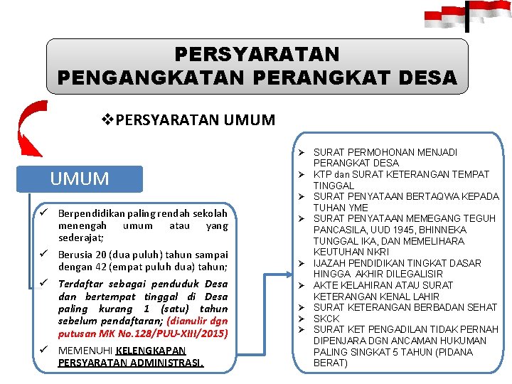 PERSYARATAN PENGANGKATAN PERANGKAT DESA v. PERSYARATAN UMUM ü Berpendidikan paling rendah sekolah menengah umum